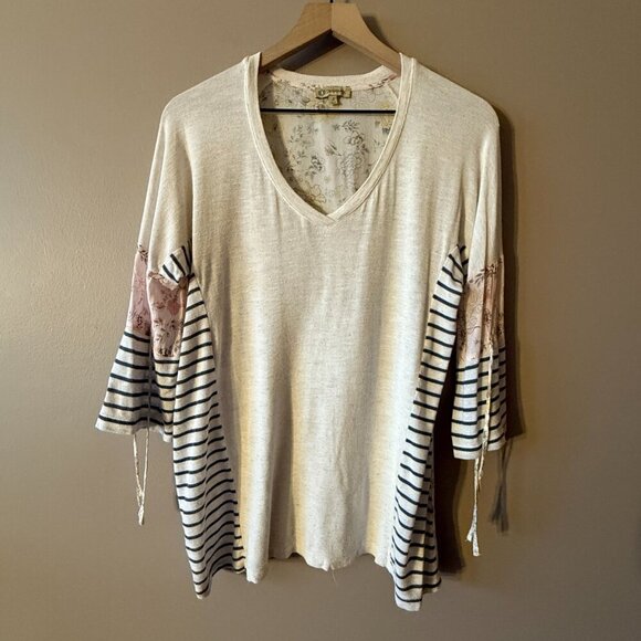 Women's S Democracy Striped Floral Blouse Multicolor Tie Pull Sleeve Bohemian - Picture 2 of 6